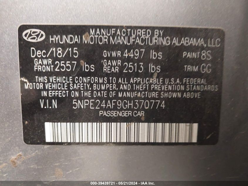 2016 Hyundai Sonata Se VIN: 5NPE24AF9GH370774 Lot: 39439721