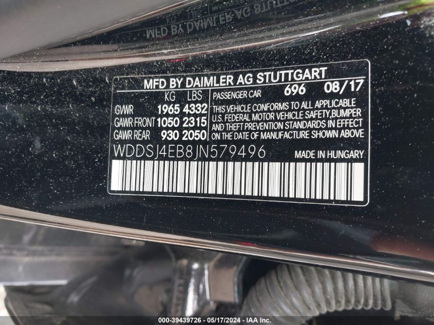 2018 Mercedes-Benz Cla 250 VIN: WDDSJ4EB8JN579496 Lot: 39439726