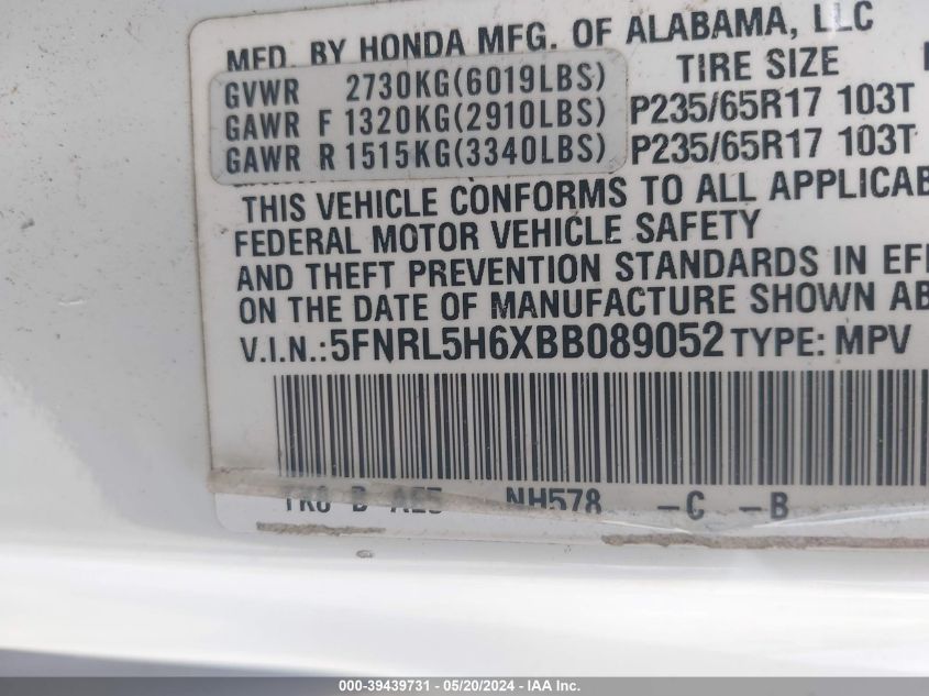 2011 Honda Odyssey Ex-L VIN: 5FNRL5H6XBB089052 Lot: 39439731