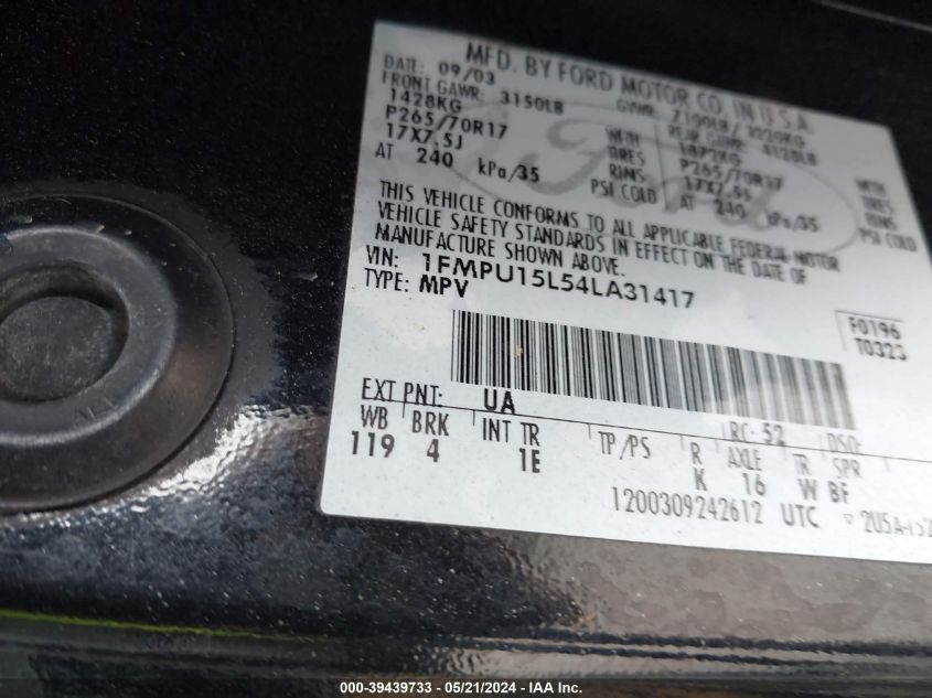 2004 Ford Expedition Xlt VIN: 1FMPU15L54LA31417 Lot: 39439733