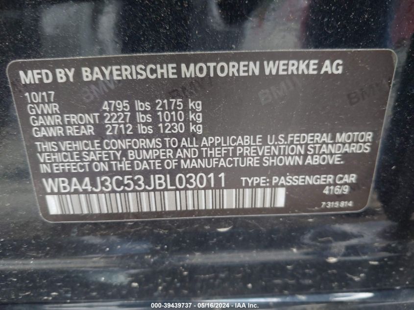 2018 BMW 430I Gran Coupe xDrive VIN: WBA4J3C53JBL03011 Lot: 39439737