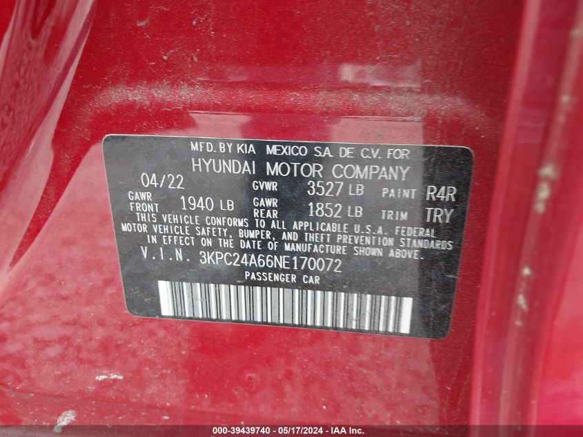 2022 Hyundai Accent Se VIN: 3KPC24A66NE170072 Lot: 39439740