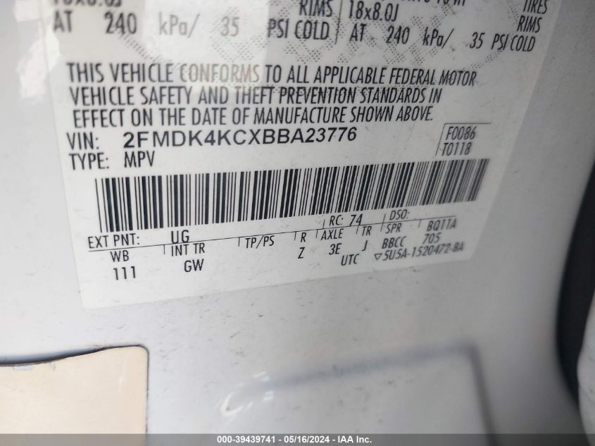 2011 Ford Edge Limited VIN: 2FMDK4KCXBBA23776 Lot: 39439741