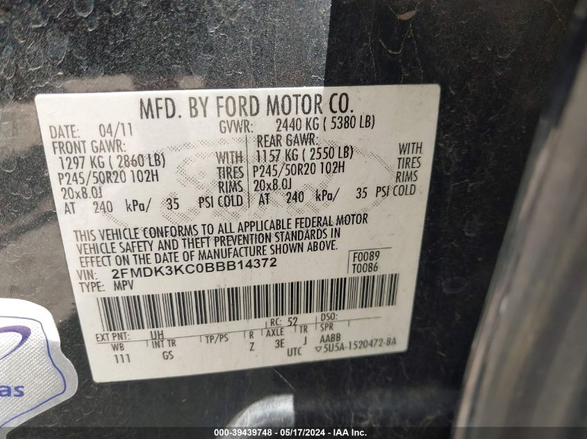 2011 Ford Edge Limited VIN: 2FMDK3KC0BBB14372 Lot: 39439748