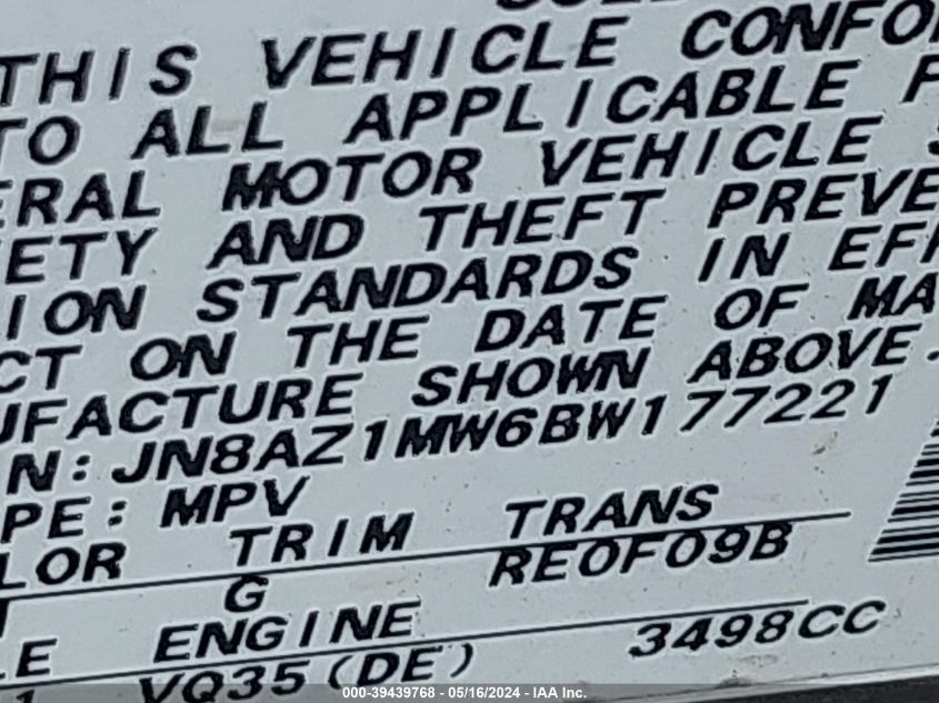 2011 Nissan Murano Sv VIN: JN8AZ1MW6BW177221 Lot: 39439768