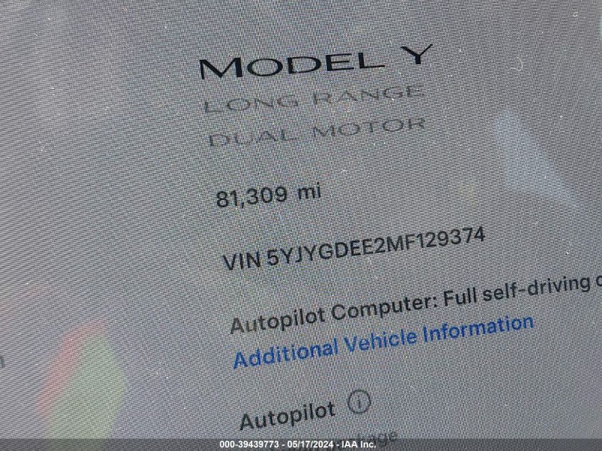 2021 Tesla Model Y Long Range Dual Motor All-Wheel Drive VIN: 5YJYGDEE2MF129374 Lot: 39439773
