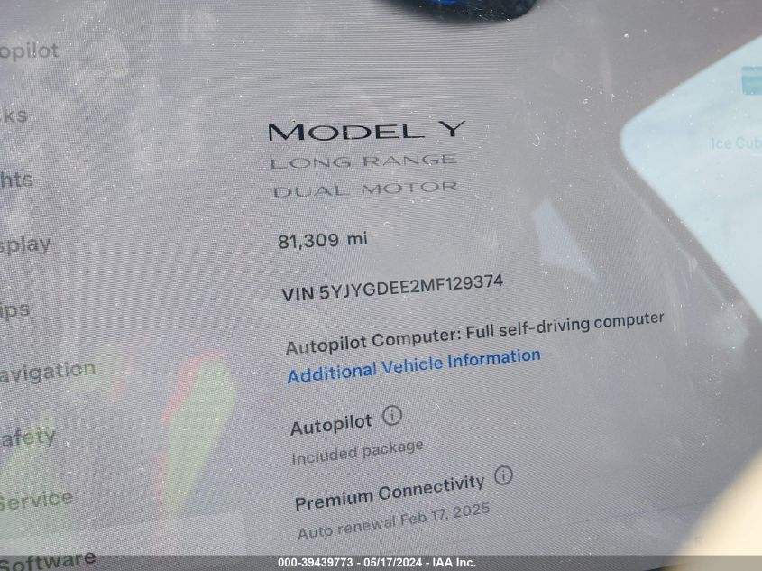 2021 Tesla Model Y Long Range Dual Motor All-Wheel Drive VIN: 5YJYGDEE2MF129374 Lot: 39439773