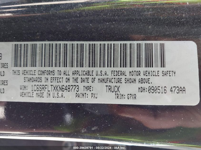 2019 Ram 1500 Rebel 4X4 5'7 Box VIN: 1C6SRFLTXKN648773 Lot: 39439791