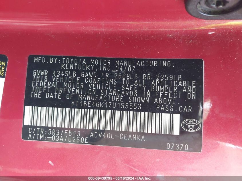 2007 Toyota Camry Le VIN: 4T1BE46K17U155553 Lot: 39439795