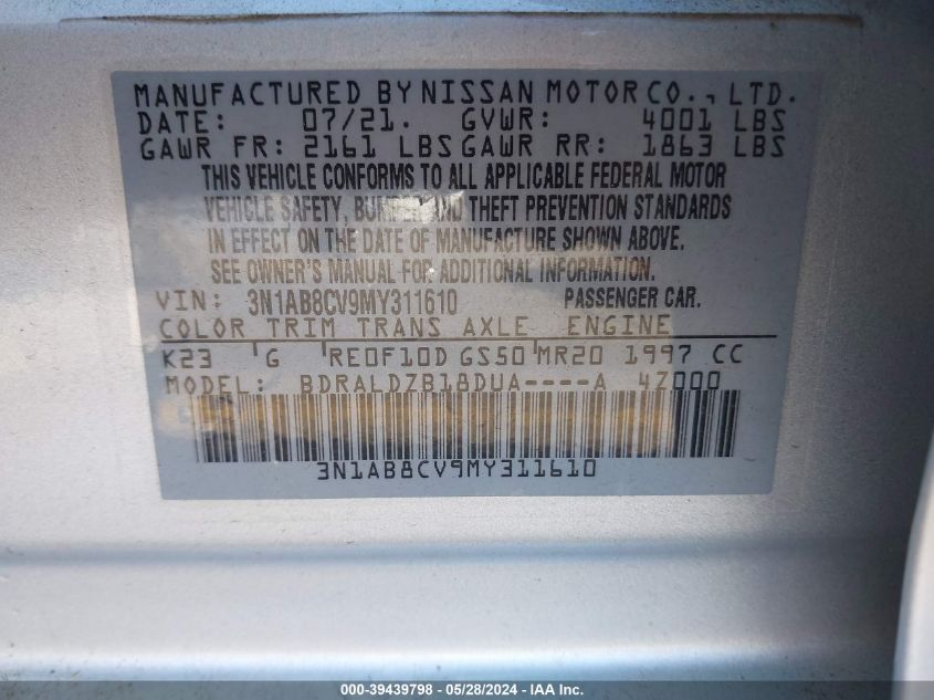 2021 Nissan Sentra Sv Xtronic Cvt VIN: 3N1AB8CV9MY311610 Lot: 39439798