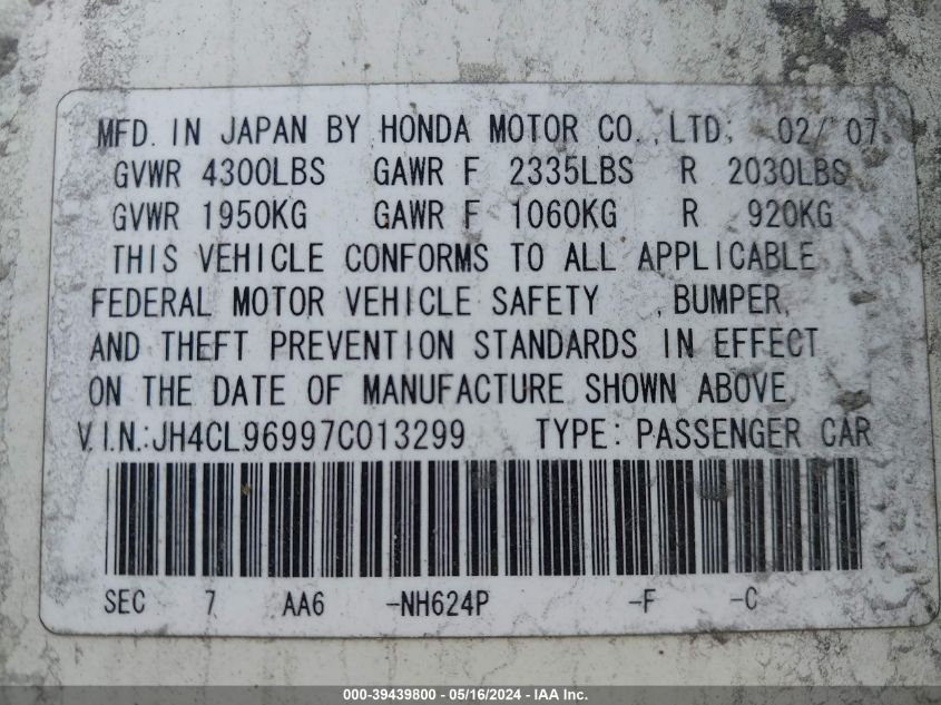 2007 Acura Tsx VIN: JH4CL96997C013299 Lot: 39439800