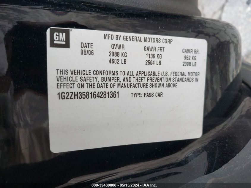 2006 Pontiac G6 Gt VIN: 1G2ZH358164281361 Lot: 39439808