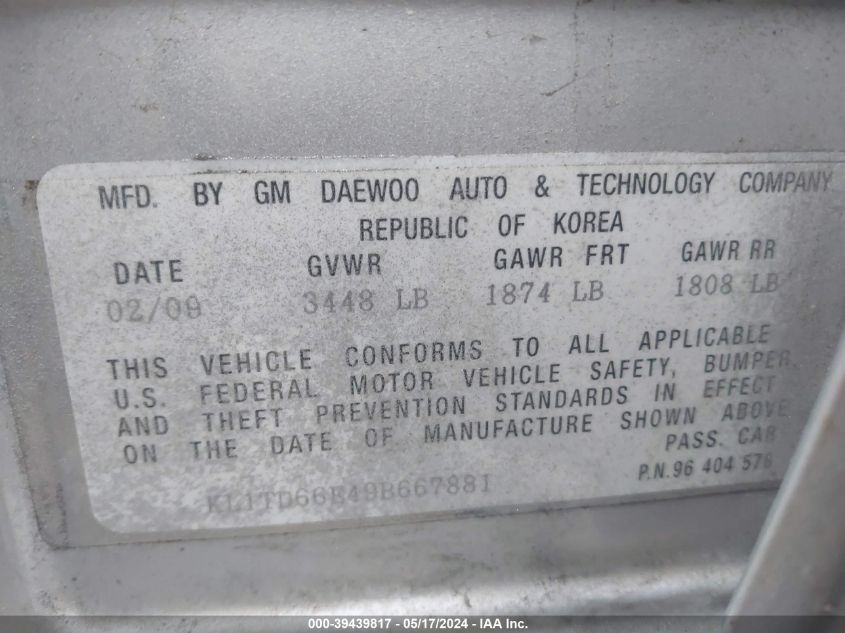 2009 Chevrolet Aveo Lt VIN: KL1TD66E49B667881 Lot: 39439817