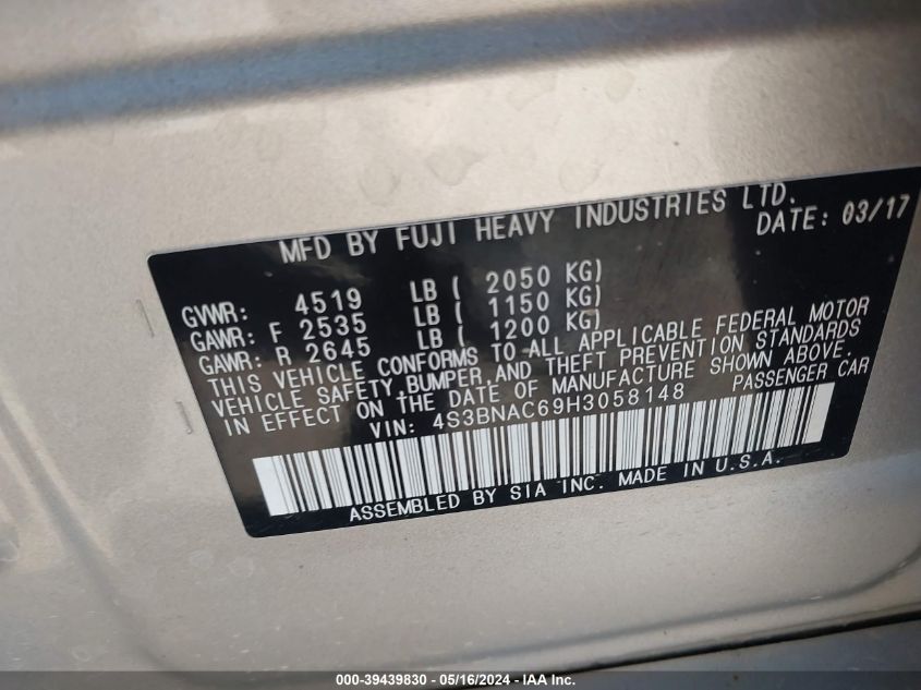 2017 Subaru Legacy 2.5I Premium VIN: 4S3BNAC69H3058148 Lot: 39439830