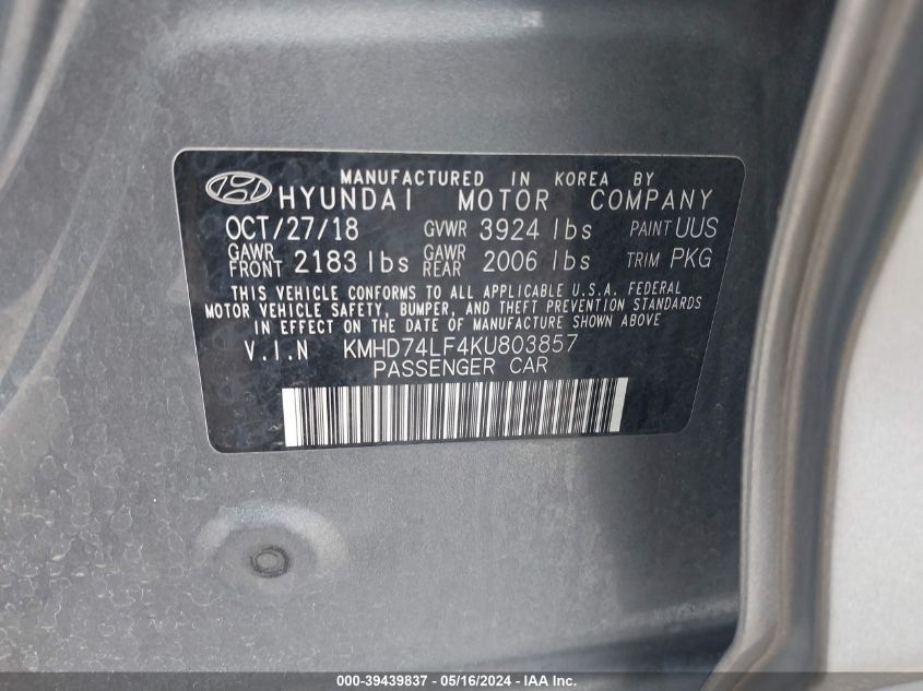 2019 Hyundai Elantra Se VIN: KMHD74LF4KU803857 Lot: 39439837