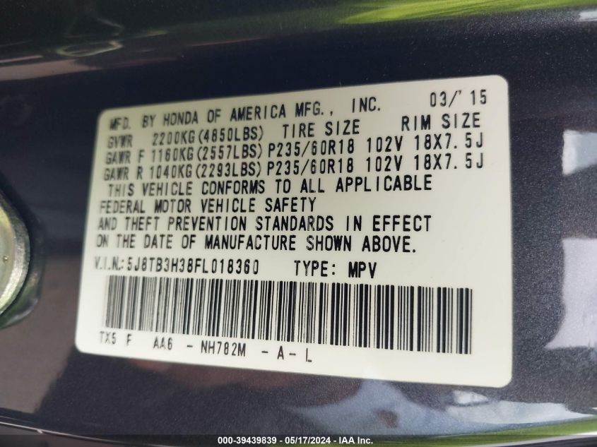 2015 Acura Rdx VIN: 5J8TB3H38FL018360 Lot: 39439839