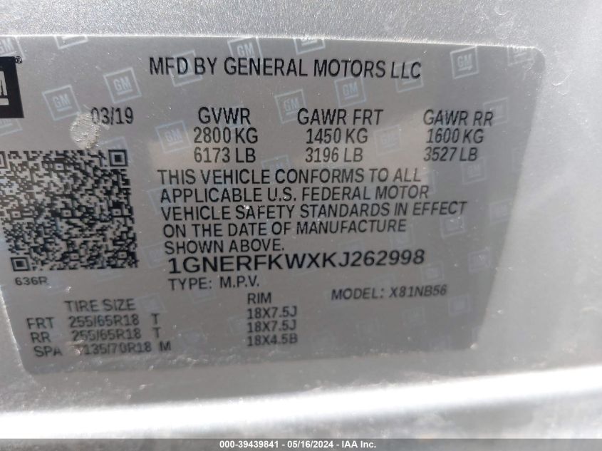 2019 Chevrolet Traverse Ls VIN: 1GNERFKWXKJ262998 Lot: 39439841