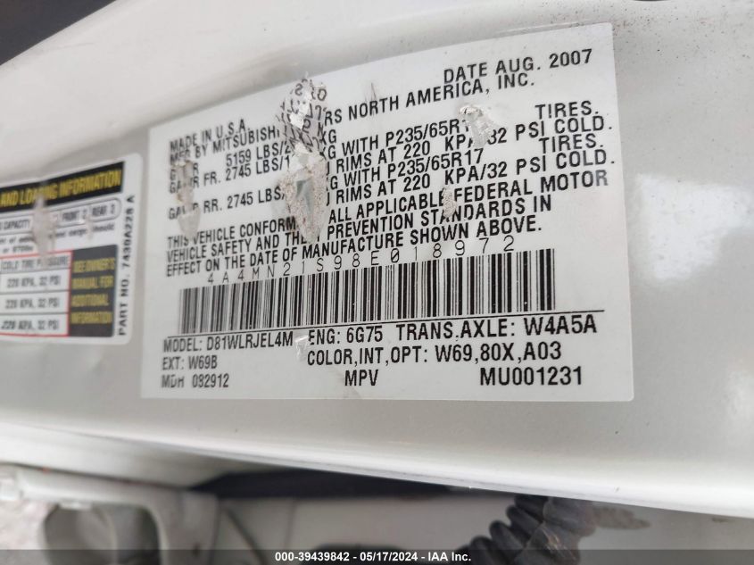 2008 Mitsubishi Endeavor Ls VIN: 4A4MN21S98E018972 Lot: 39439842