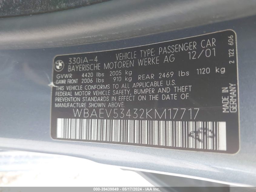 2002 BMW 330I VIN: WBAEV53432KM17717 Lot: 39439849