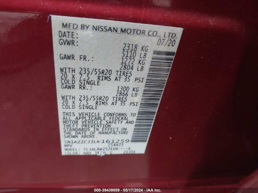 2020 Nissan Murano Sl Fwd VIN: 5N1AZ2CJ3LN161259 Lot: 39439859