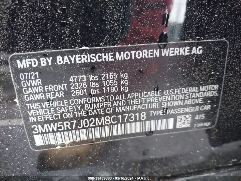 2021 BMW 330I xDrive VIN: 3MW5R7J02M8C17318 Lot: 39439860