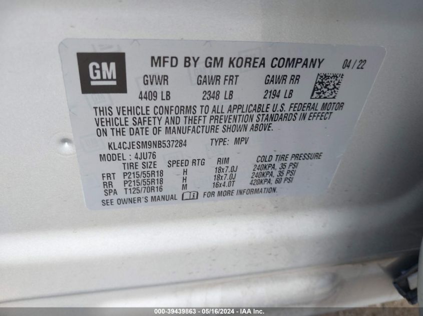 2022 Buick Encore Awd Preferred VIN: KL4CJESM9NB537284 Lot: 39439863