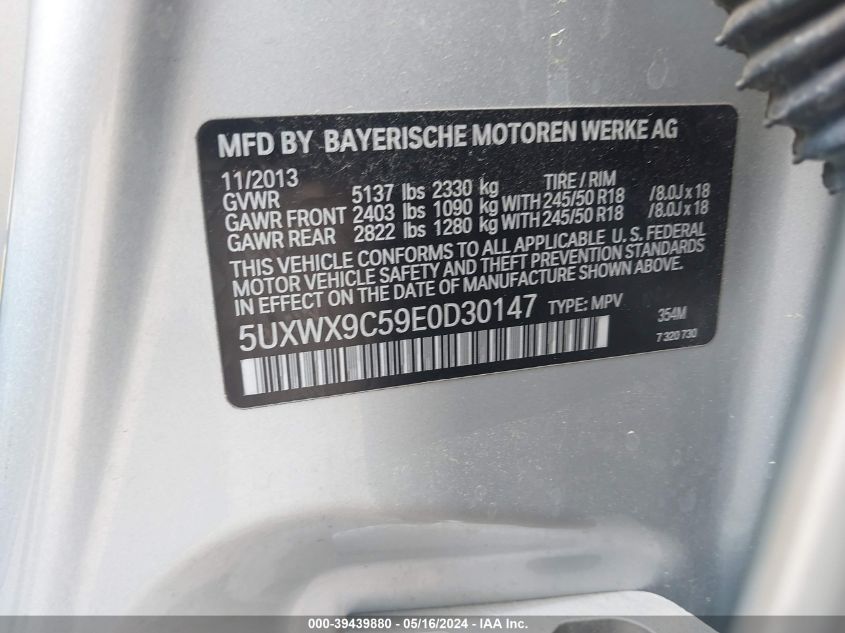 2014 BMW X3 xDrive28I VIN: 5UXWX9C59E0D30147 Lot: 39439880