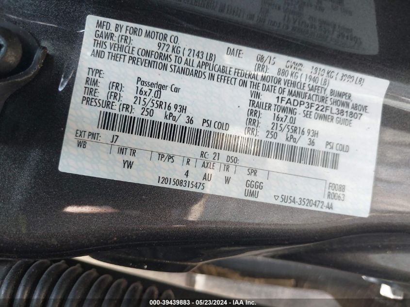 2015 Ford Focus Se VIN: 1FADP3F22FL381807 Lot: 39439883