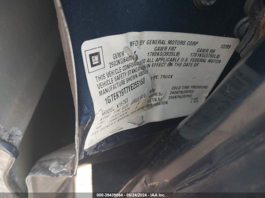 2000 GMC Sierra 1500 Sle VIN: 1GTEK19T7YE255150 Lot: 39439884