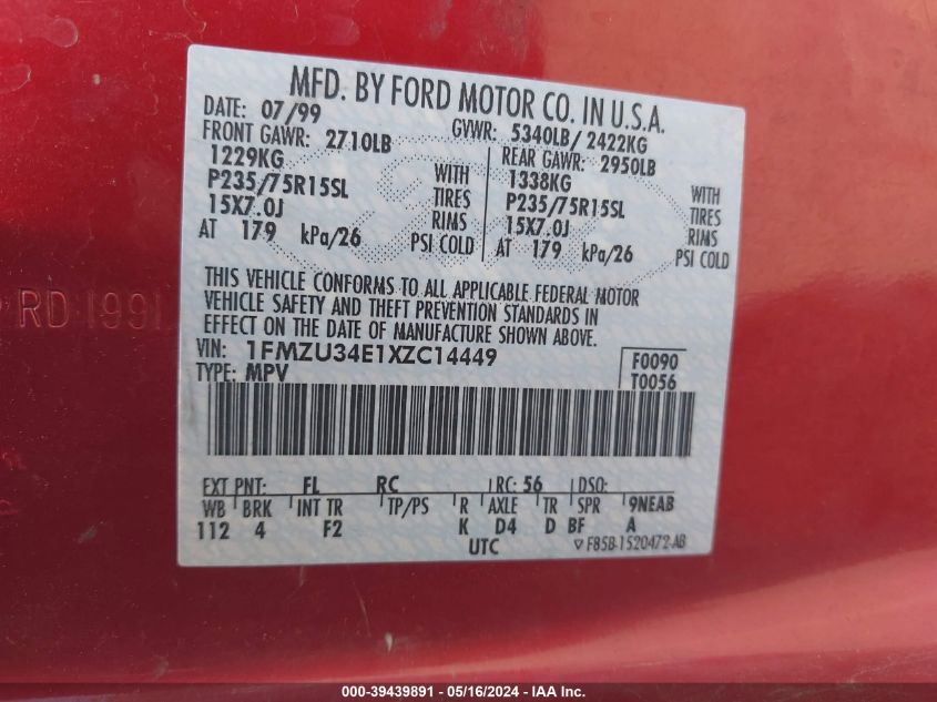 1999 Ford Explorer Eddie Bauer/Limited/Xlt VIN: 1FMZU34E1XZC14449 Lot: 39439891