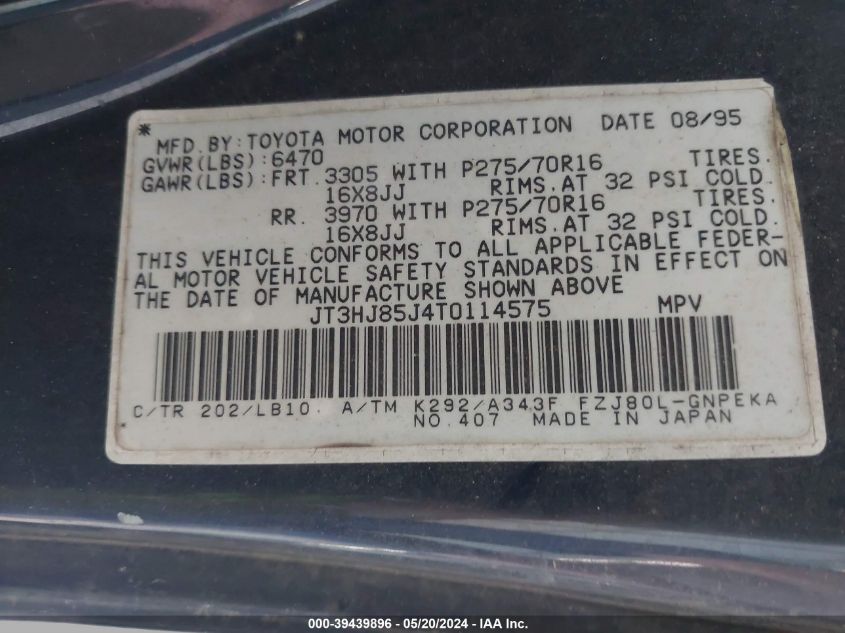 1996 Toyota Land Cruiser Hj85 VIN: JT3HJ85J4T0114575 Lot: 39439896
