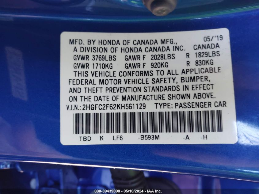 2019 Honda Civic Lx VIN: 2HGFC2F62KH561129 Lot: 39439898