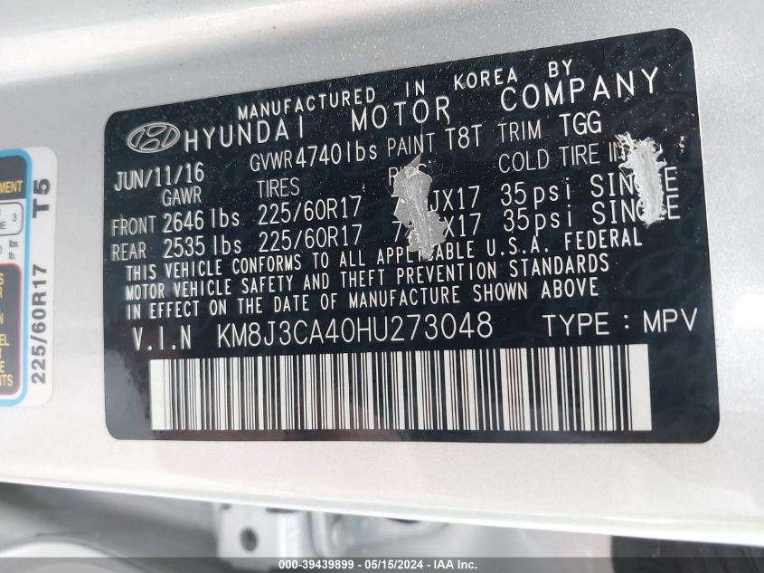 2017 Hyundai Tucson Se VIN: KM8J3CA40HU273048 Lot: 39439899