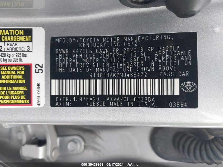 2021 Toyota Camry Se VIN: 4T1G11AK2MU465472 Lot: 39439926