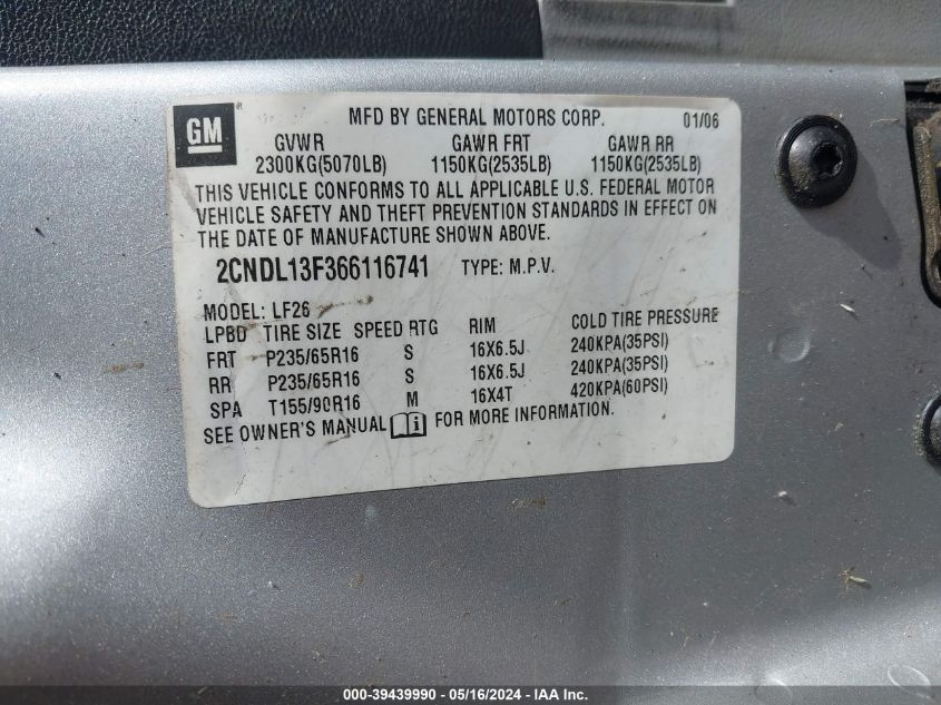 2006 Chevrolet Equinox Ls VIN: 2CNDL13F366116741 Lot: 39439990