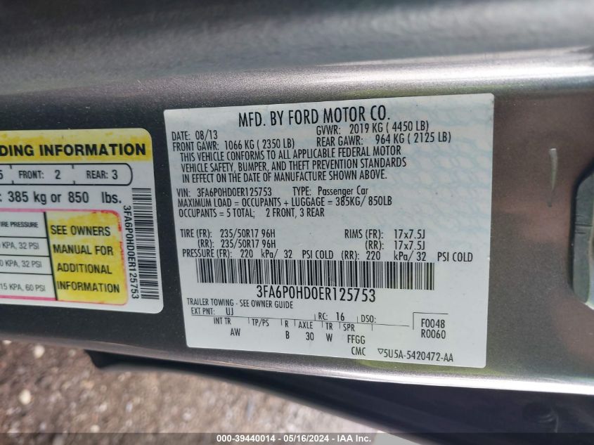 2014 FORD FUSION SE - 3FA6P0HD0ER125753