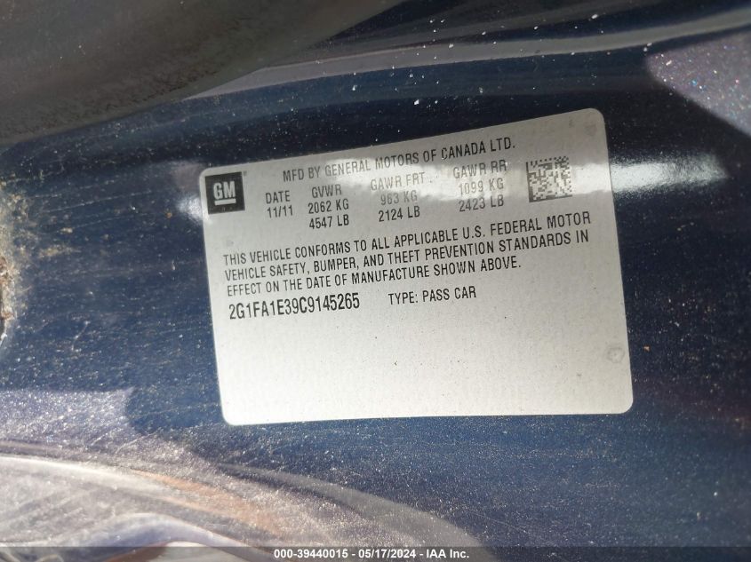 2012 Chevrolet Camaro 2Ls VIN: 2G1FA1E39C9145265 Lot: 39440015
