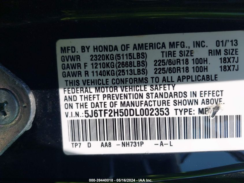 2013 Honda Crosstour Ex-L V6 VIN: 5J6TF2H50DL002353 Lot: 39440018