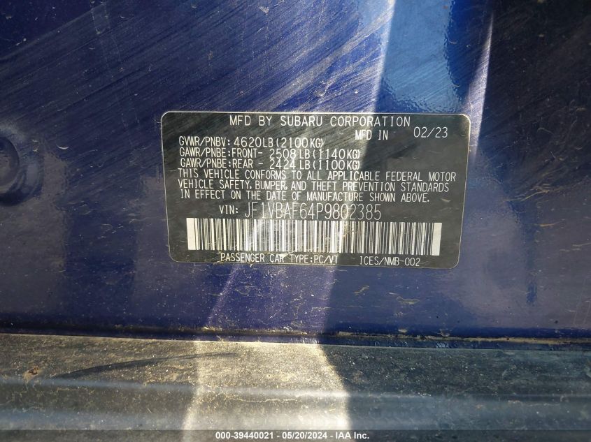 2023 Subaru Wrx Premium VIN: JF1VBAF64P9802385 Lot: 39440021