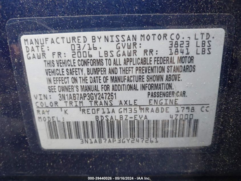 2016 Nissan Sentra S VIN: 3N1AB7AP3GY247261 Lot: 39440026