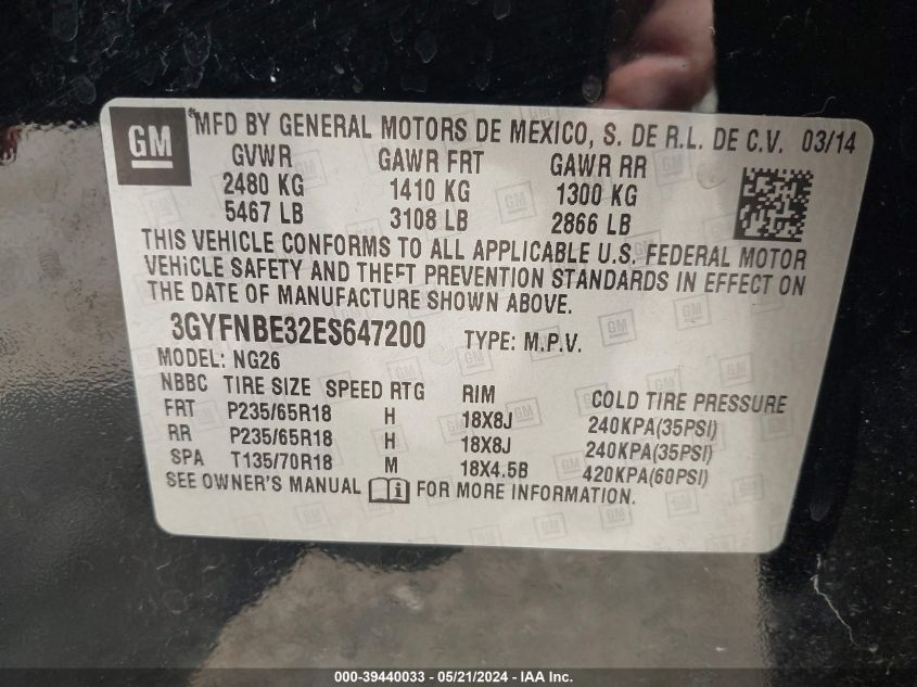 2014 Cadillac Srx Luxury Collection VIN: 3GYFNBE32ES647200 Lot: 39440033