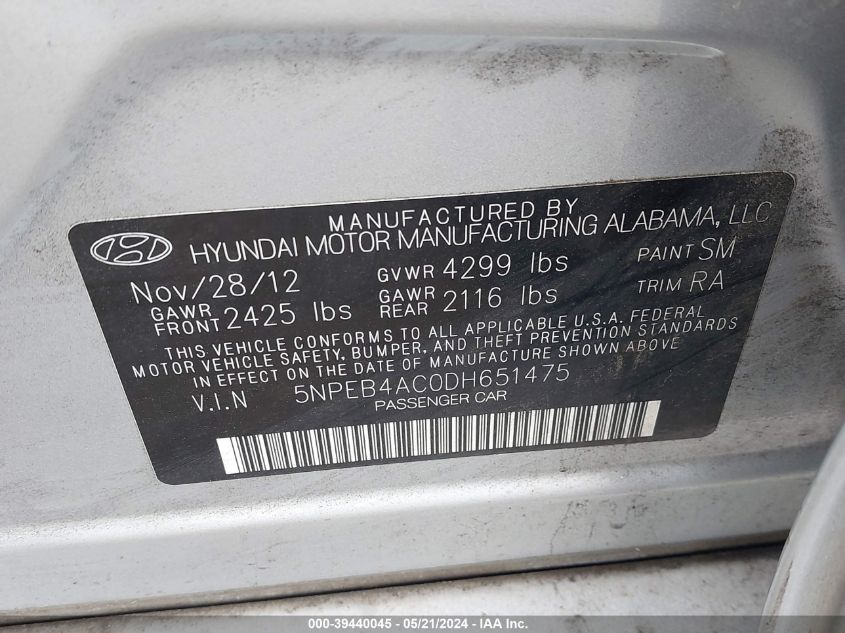 2013 Hyundai Sonata Gls VIN: 5NPEB4AC0DH651475 Lot: 39440045