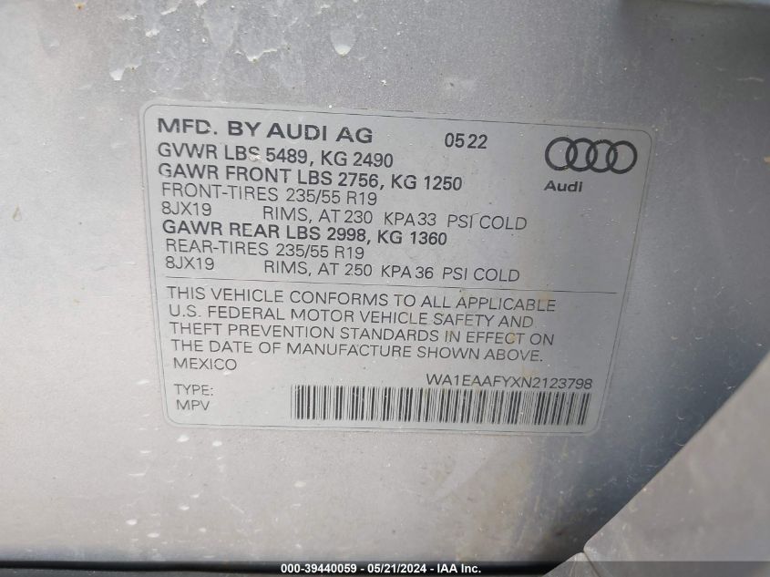 2022 Audi Q5 Premium Plus 45 VIN: WA1EAAFYXN2123798 Lot: 39440059