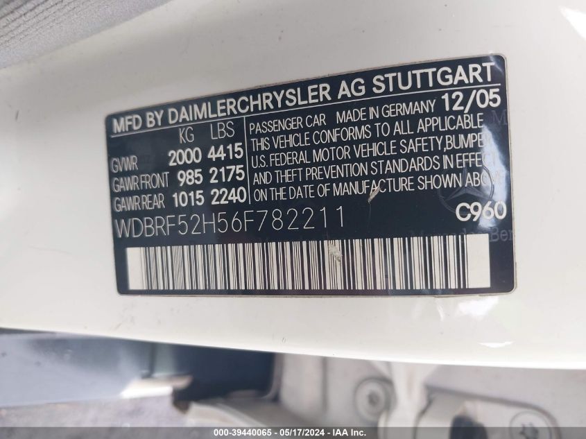 2006 Mercedes-Benz C 230 Sport VIN: WDBRF52H56F782211 Lot: 39440065