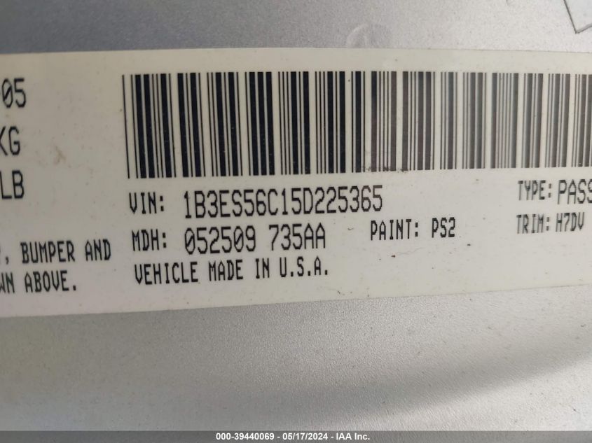 2005 Dodge Neon Sxt VIN: 1B3ES56C15D225365 Lot: 39440069