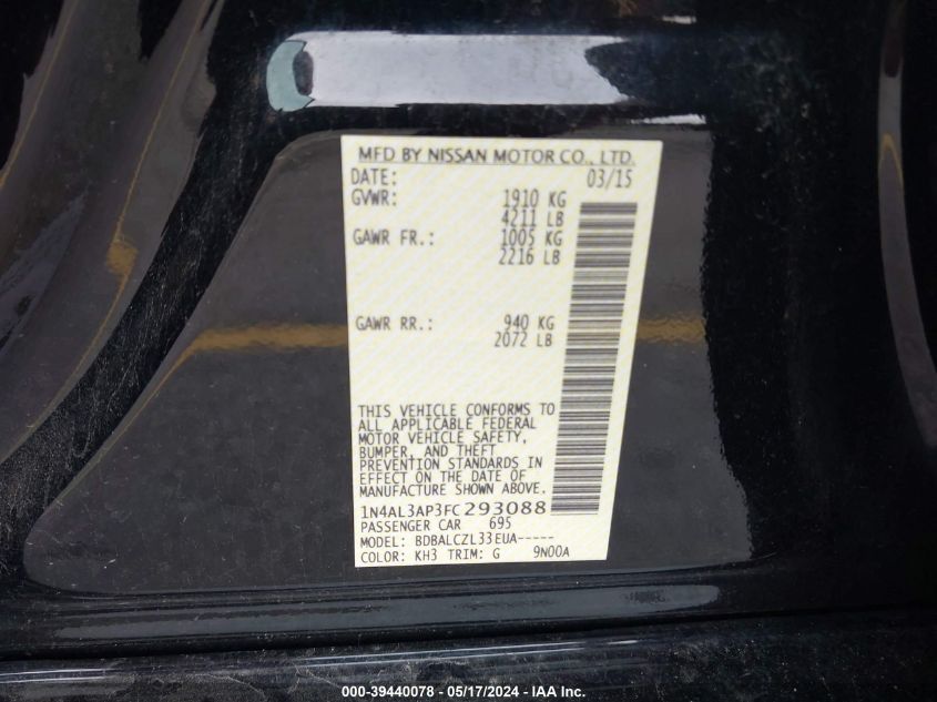 2015 Nissan Altima 2.5 S VIN: 1N4AL3AP3FC293088 Lot: 39440078