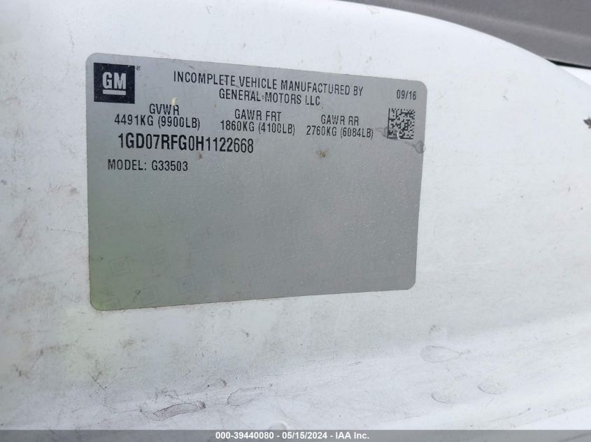 2017 GMC Savana Cutaway Work Van VIN: 1GD07RFG0H1122668 Lot: 39440080