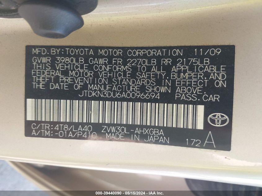 2010 Toyota Prius Iv VIN: JTDKN3DU6A0096694 Lot: 39440090