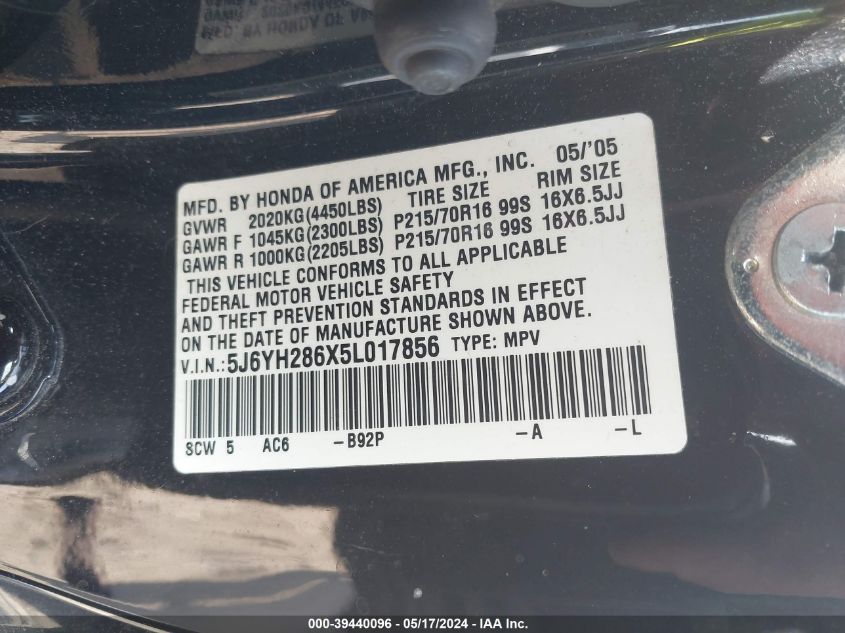 2005 Honda Element Ex VIN: 5J6YH286X5L017856 Lot: 39440096