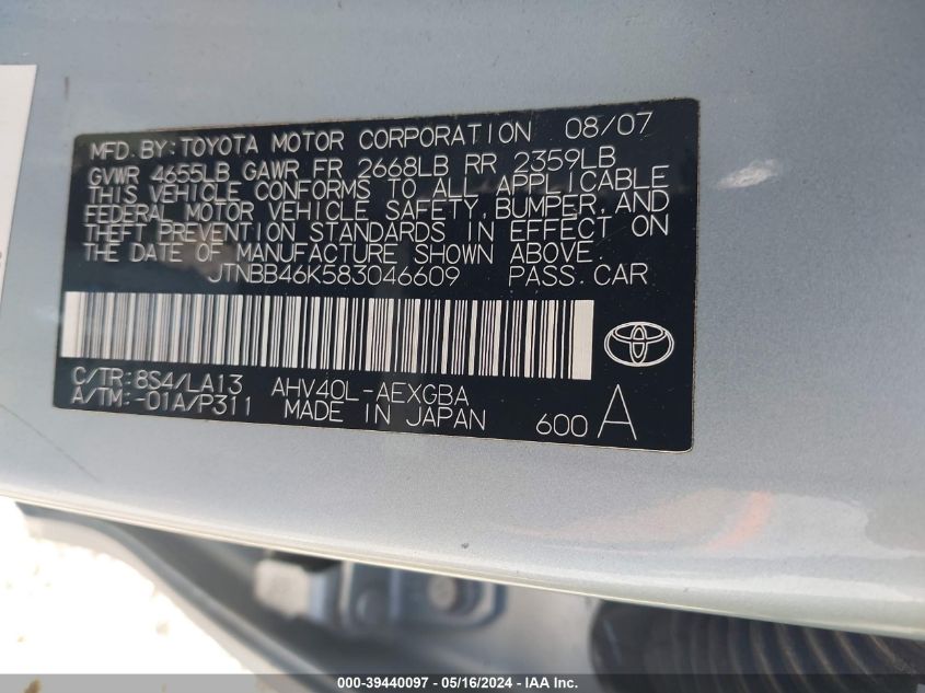2008 Toyota Camry Hybrid Hybrid VIN: JTNBB46K583046609 Lot: 39440097